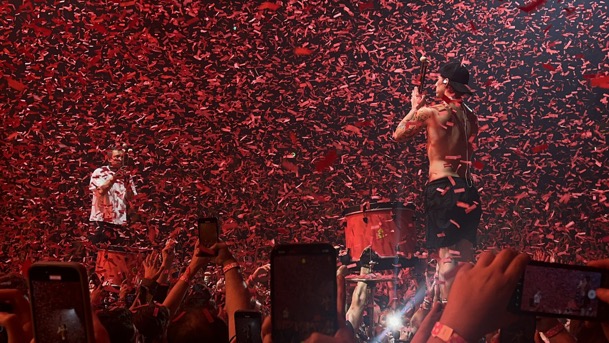 Left to Right: Tyler Joseph and Josh Dun perform through confetti during the final song of the show.