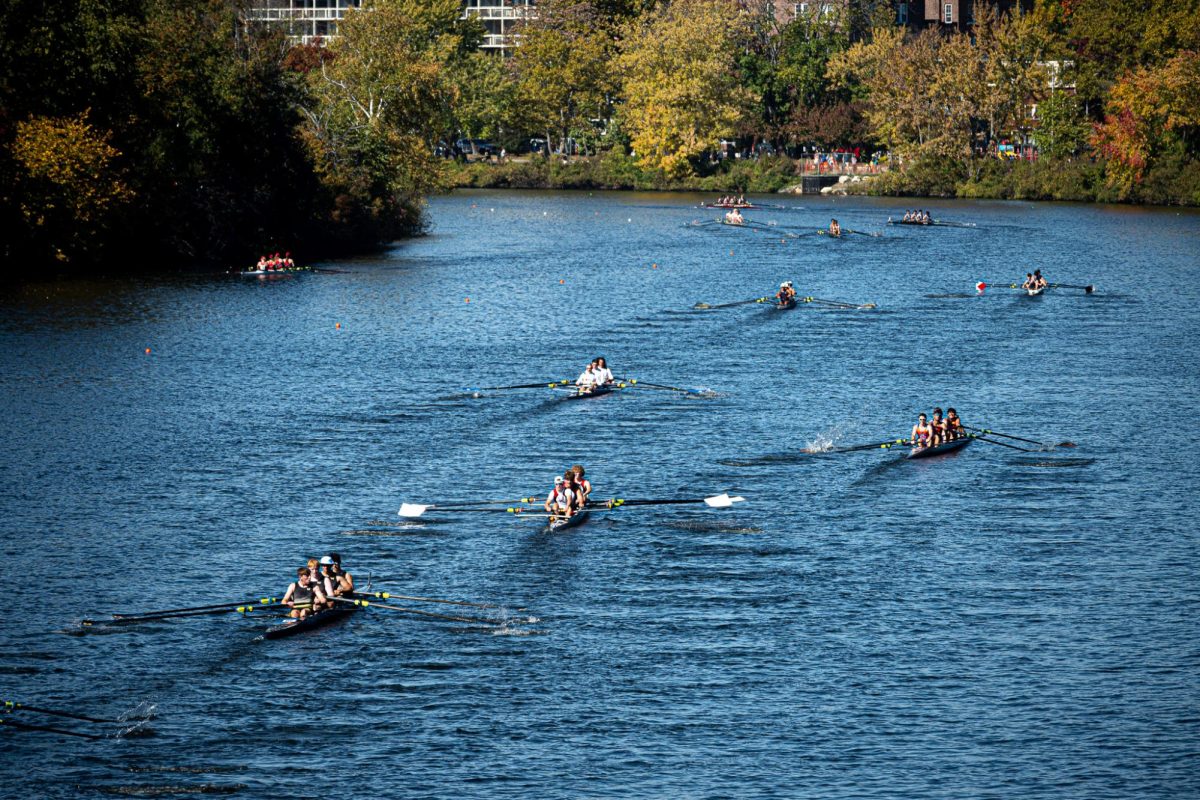 Multiple teams compete in the Men's Youth Fours on the third day of the 2024 Head of the Charles Regatta.