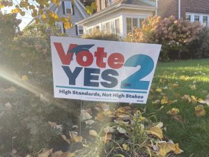 A “Vote Yes on 2” sign in Medford Oct. 21 supports the repeal of the MCAS requirement.