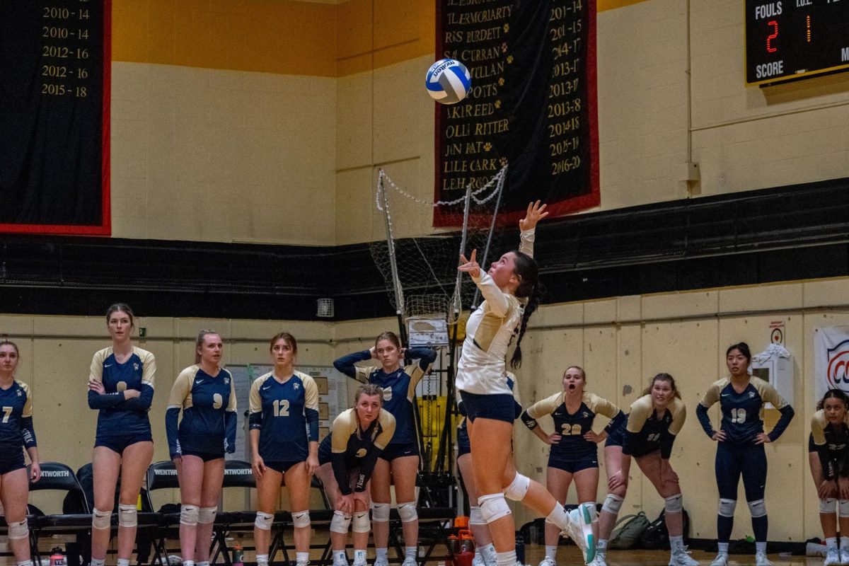 Libero Morgan Kelsey serving the ball during a playoff matchup against the Wentworth Institute of Technology Nov. 9, 2023.