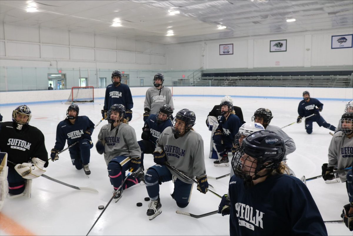 Suffolk University women's ice hockey team during a practice (courtesy of Samantha Molind).