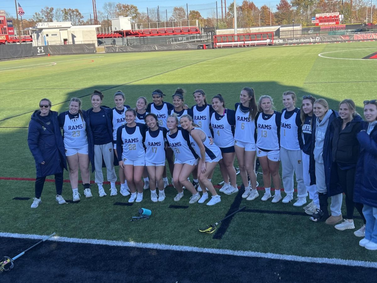 The inaugural women's lacrosse team at Suffolk University after a set of games at the University of Hartford (courtesy of Victoria Wood).