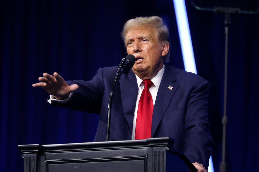 Former President Donald Trump speaking at The People's Convention at Huntington Place in Detroit, Michigan. 