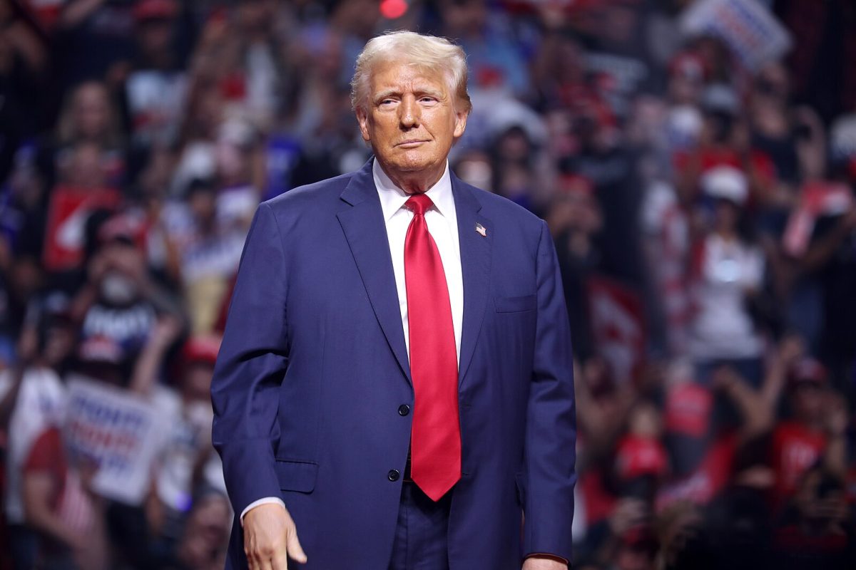 Former President of the United States Donald Trump speaking with attendees at an Arizona for Trump rally at Desert Diamond Arena in Glendale, Arizona.