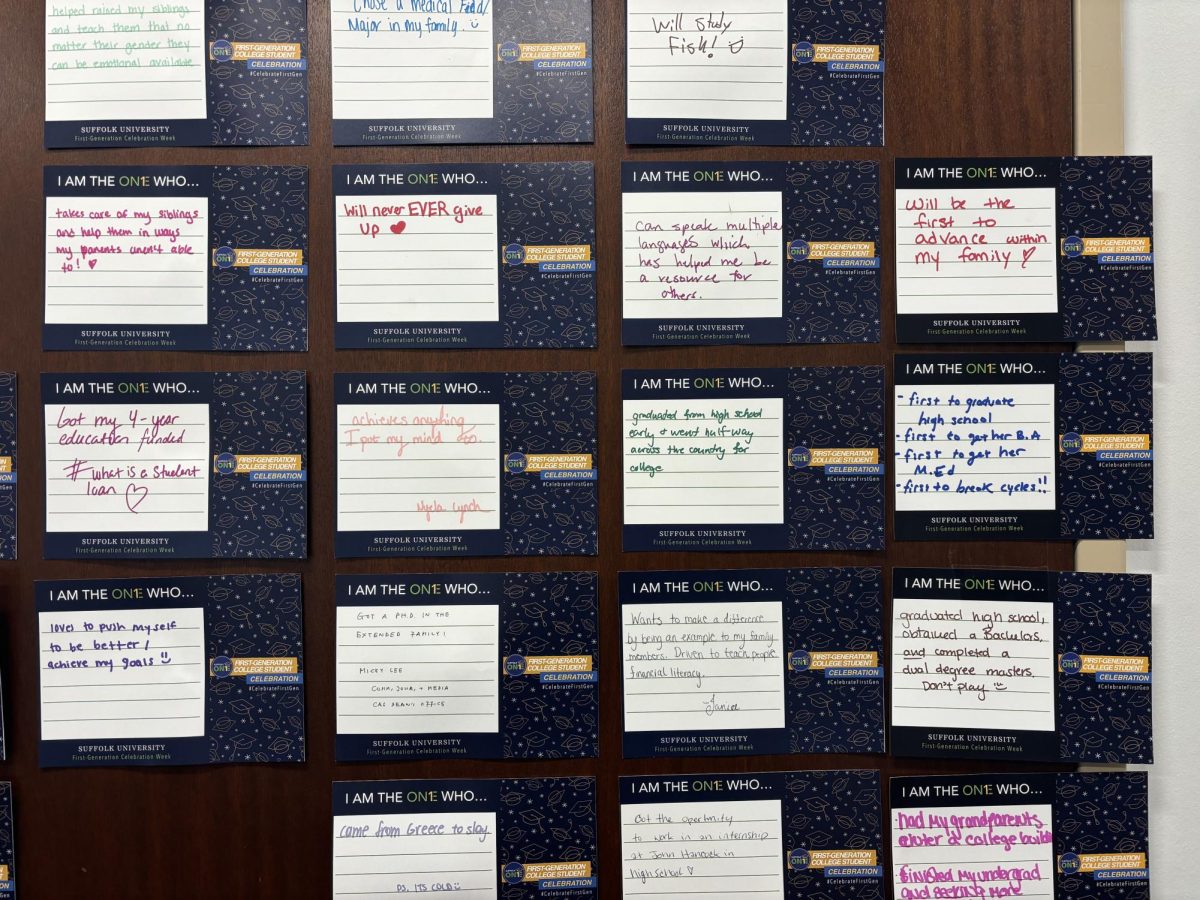 Messages from first-generation students at the First-Gen Center in 73 Tremont St.