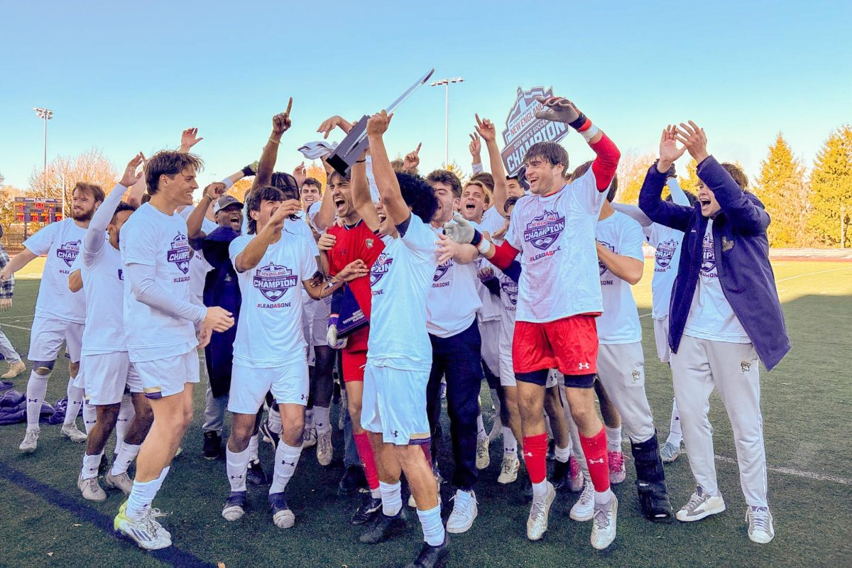 Suffolk men's soccer celebrating after winning the Conference of New England Championship Nov. 9.