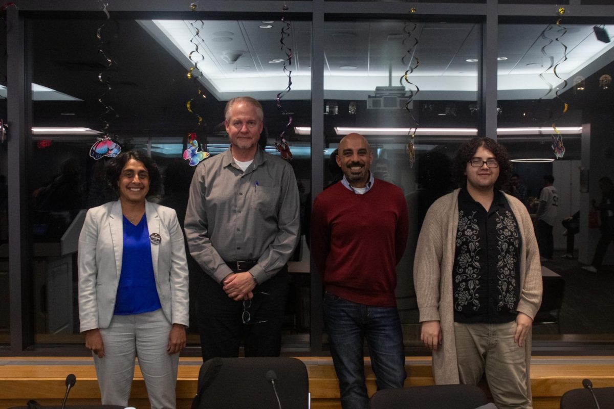 (Left to right) Panelists Ragini Shah, Jeffrey Pokorak, Sarang Sekhavat and Cristian Dubon Solis in the Smith Commons.