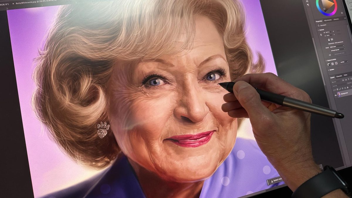 Dale Stephanos, a fine arts & foundation studies lecturer at Suffolk, illustrates a portrait of Betty White for a commemorative U.S. Postal Service stamp. Courtesy of Stephanos.