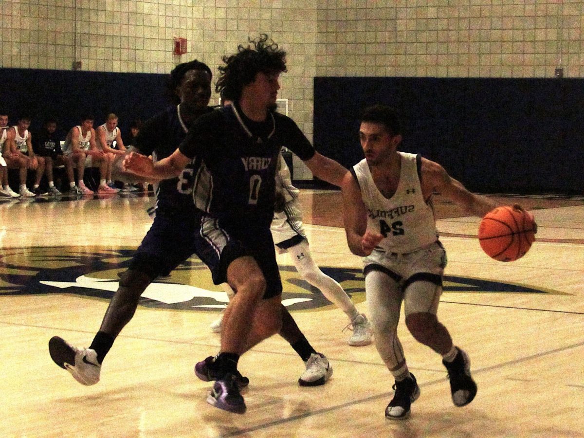 Danny Yardemian dribbles the ball while battling with guard Malik Gelinas Dec. 7.