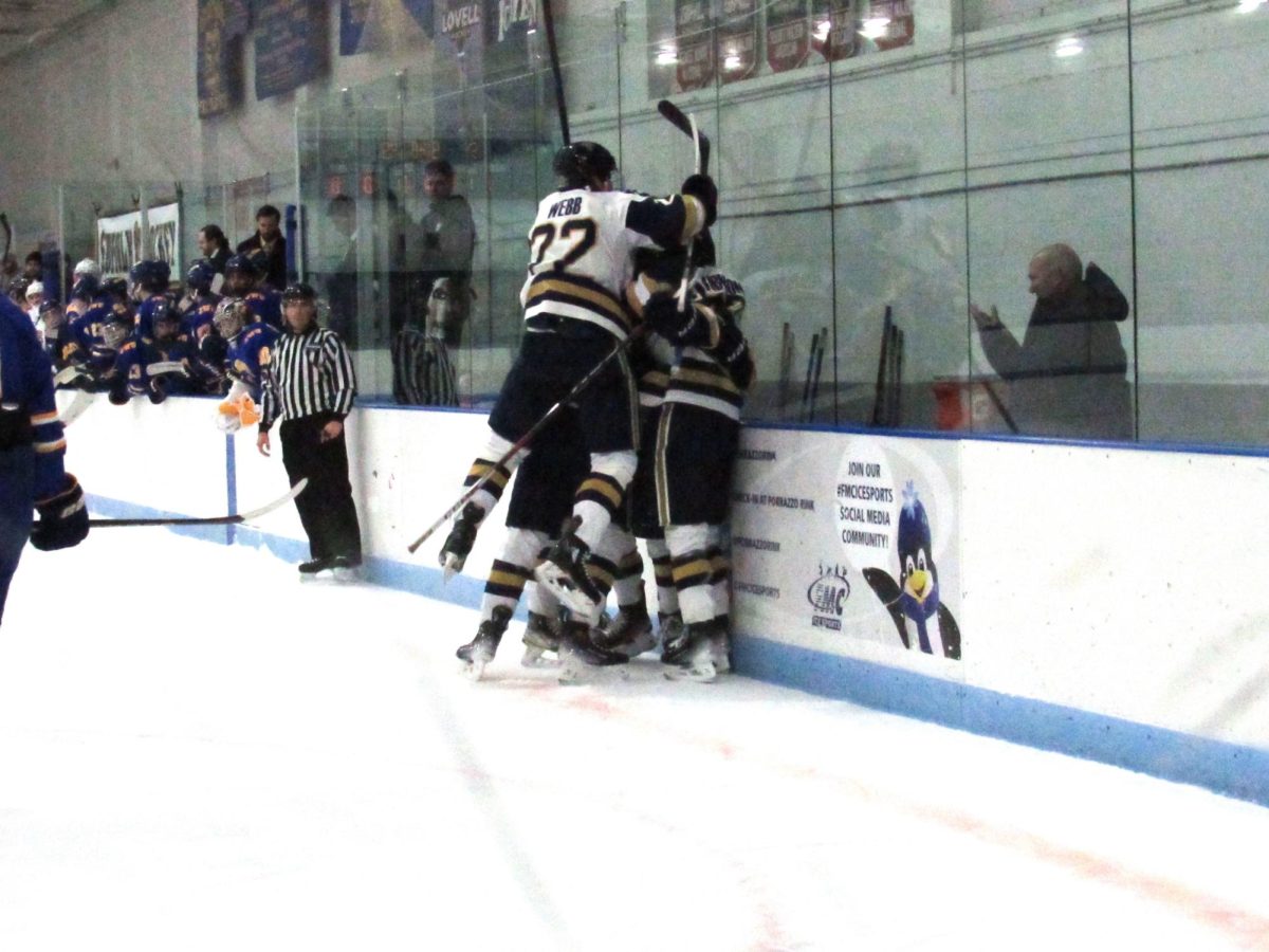 Members of the men's hockey team celebrate after a goal against Johnson & Wales University Dec. 6.