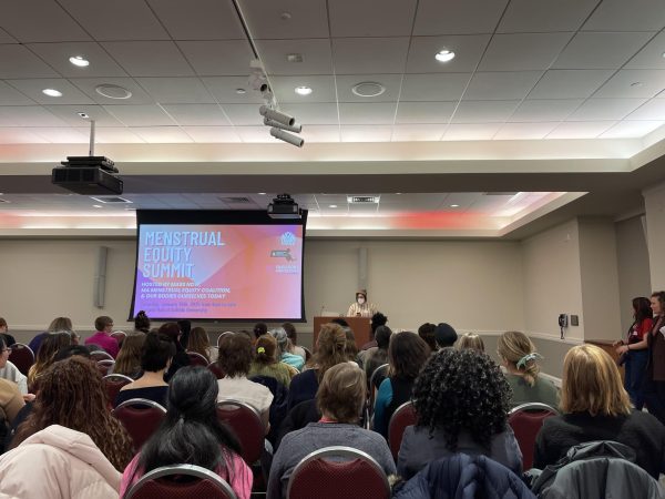 People across Massachusetts gather at Suffolk to learn about period poverty and connect with others. 