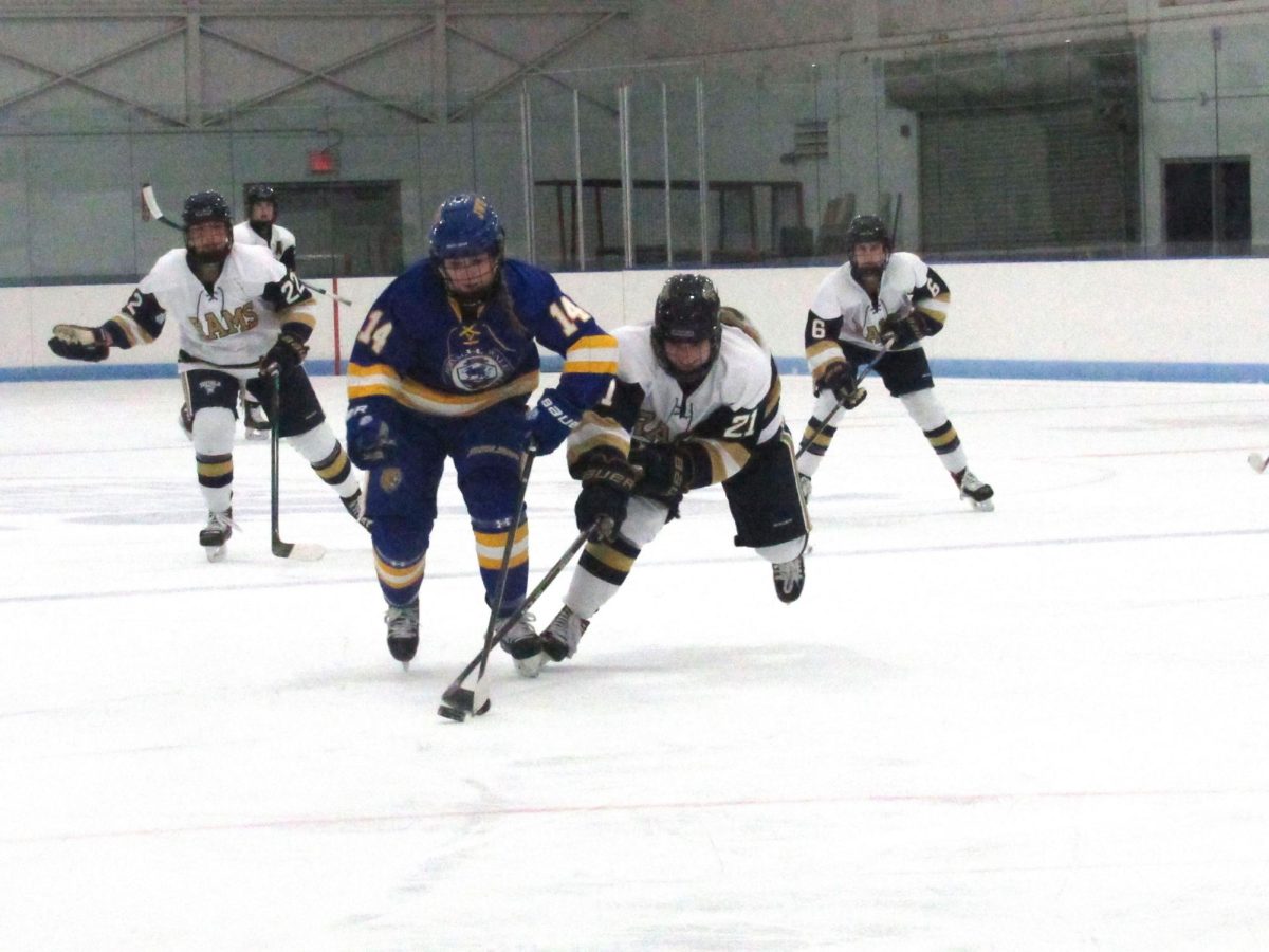 Senior forward Maddie Gagliano and Cassidy Rockwood battle for the puck during a Nov. 15 home game.