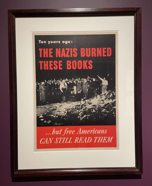 An poster piece from the Ten Years Ago The Nazis burned these books...But Free Americans Can Still Read Them (1943) exhibit at the Museum of Fine Arts