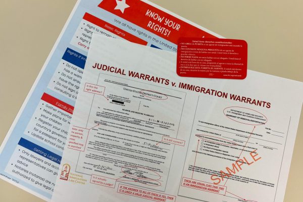 "Know Your Rights" materials, including examples of a judicial warrant permitting immigration officers to enter a person's home. Student attorneys with the Immigrant Justice Clinic at Suffolk Law School distributed them during a training April 17.