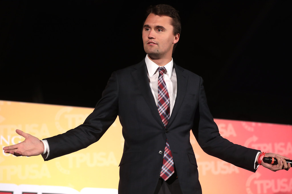 Charlie Kirk speaking with attendees at the Culture War tour at Antelope Gymnasium at Grand Canyon University in Phoenix, Arizona.