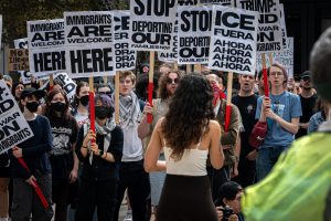 Around 70 demonstrators gathered on Sept. 13 to listen to speakers at an anti-ICE protest. 