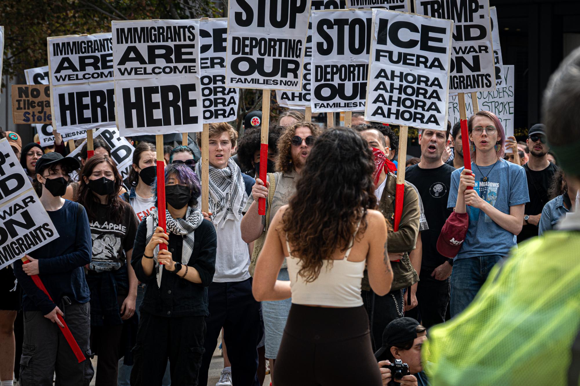 Around 70 demonstrators gathered on Sept. 13 to listen to speakers at an anti-ICE protest. 