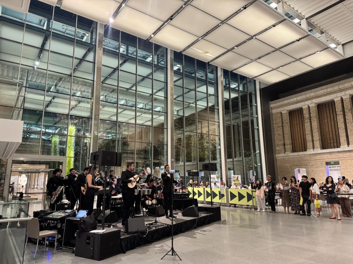 The Rafa Moreno Band playing in the main courtyard of the MFA for their Latinx Heritage Night.