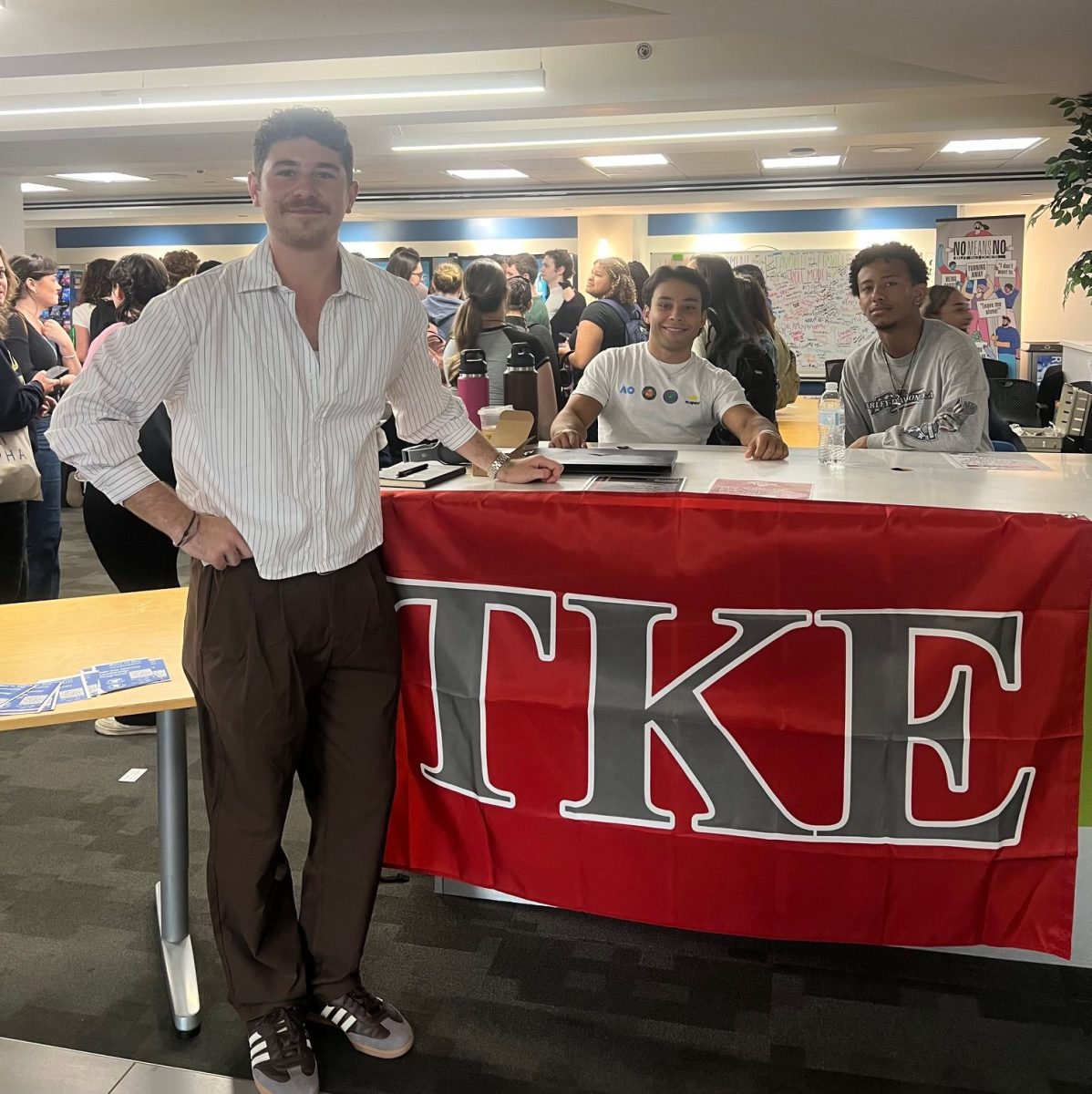 TKE President Braydon Walorz, member junior Matheus Neves and freshman Yohan Arias.