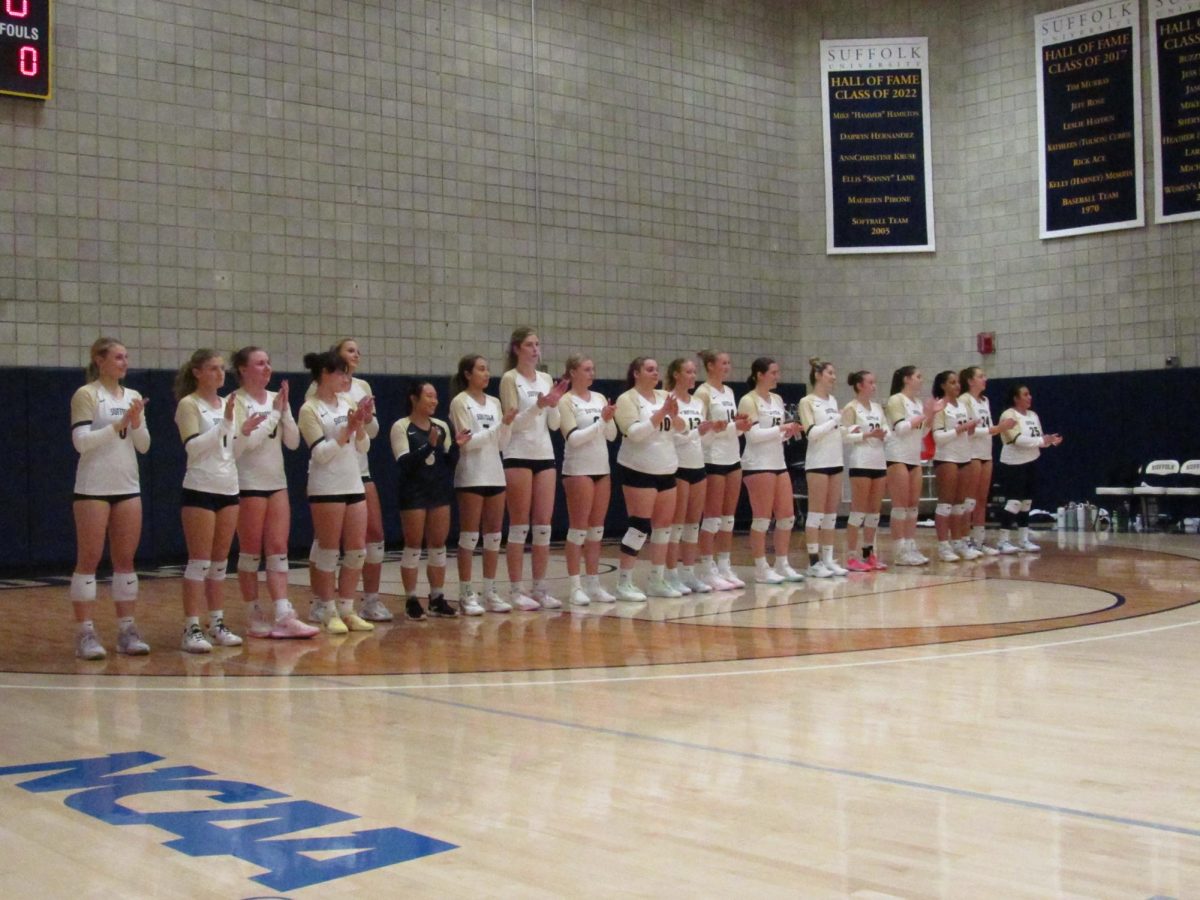 The Suffolk women's volleyball team lined up before a Sept. 24 game against Johnson & Wales University.