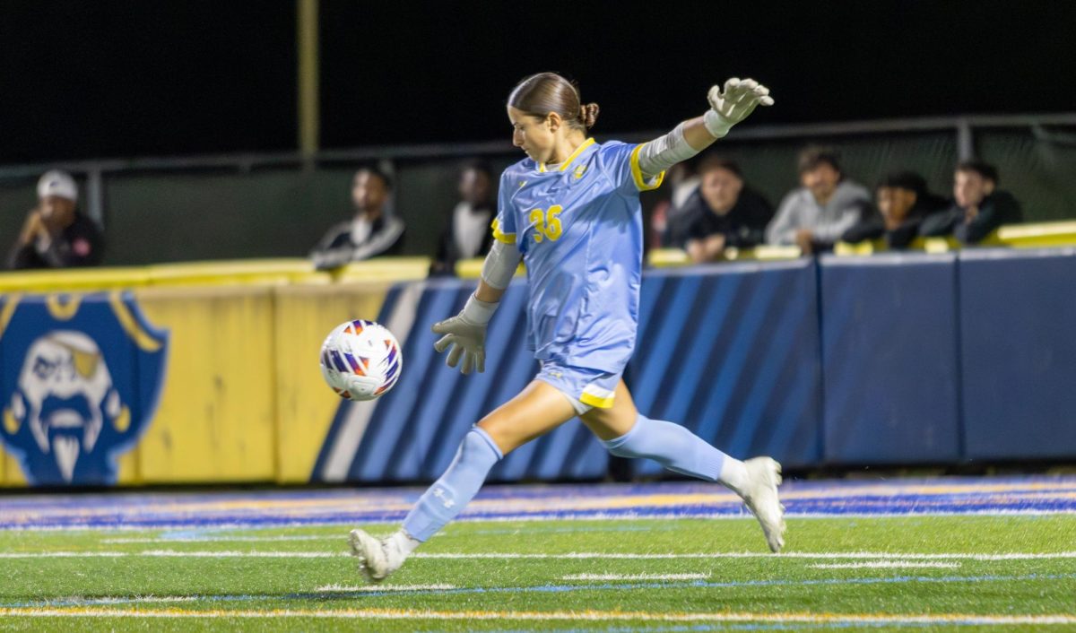 Arden Rose lines up a goal kick after securing the ball during a game against UMass Dartmouth.