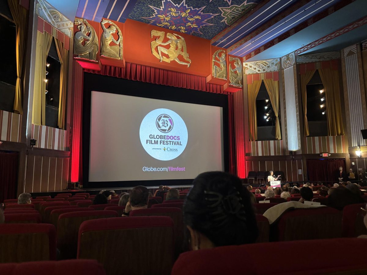 Linda Henry, owner of The Boston Globe, presenting the film 'A Life Illuminated' at the GlobeDocs Film Festival Oct. 22.