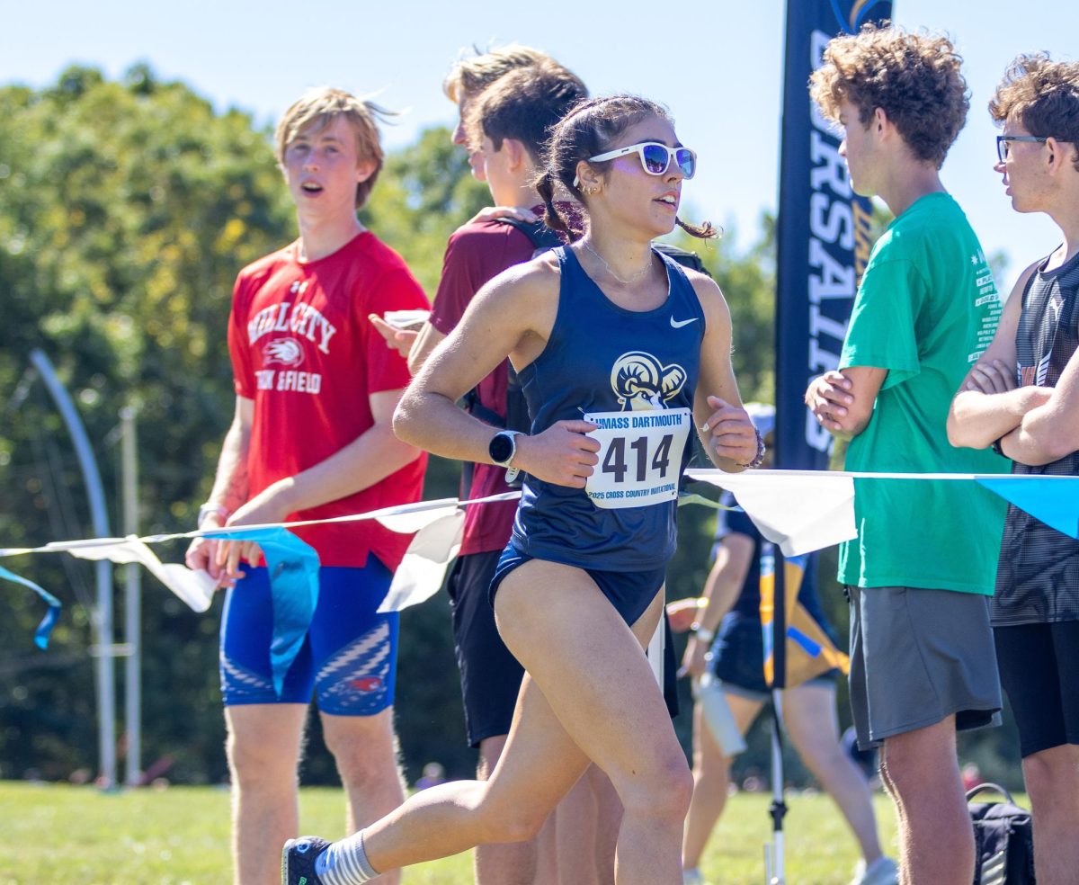Sofia Moukaddem racing in the UMass Dartmouth Invitational Sept. 20. She finished the six kilometer race in 22:29, a new personal best.