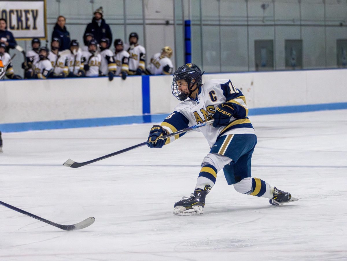 Senior defenseman Liliana Moose takes a shot during a 4-0 loss to the University of New England Dec. 5.