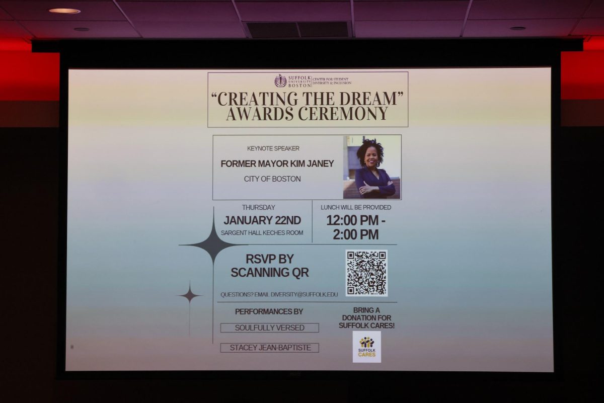 Creating the Dream Awards Ceremony introduction presentation in the Sargent Hall Keches room. Courtesy of Michael J. Clarke, university photographer.