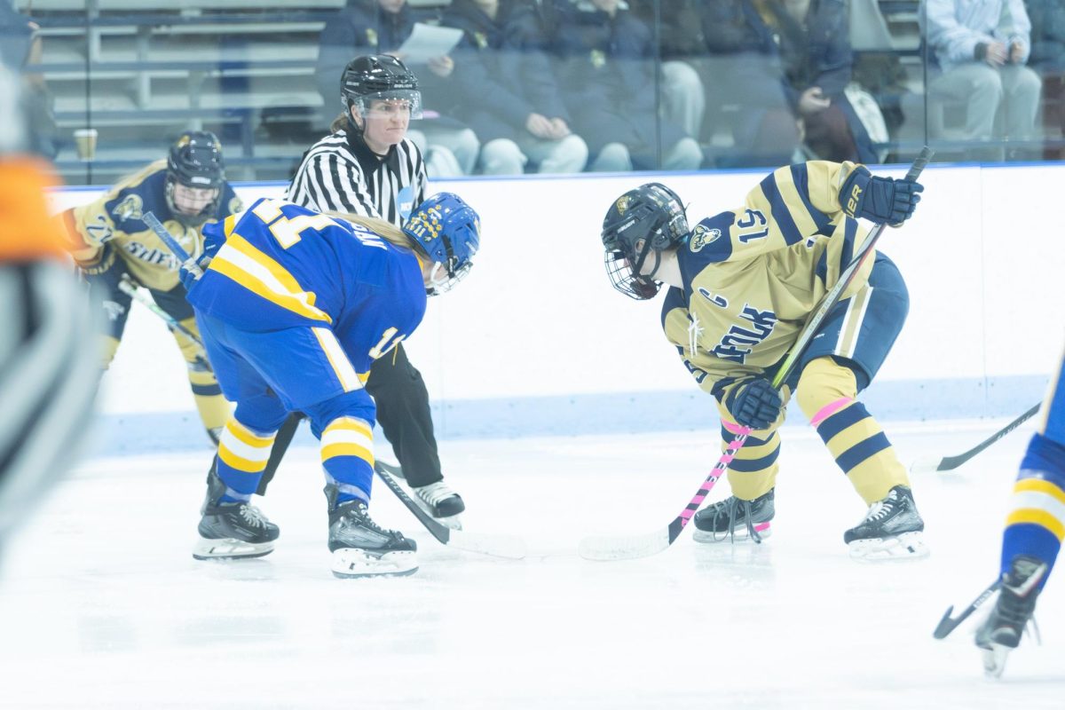 Katie Newkirk prepares for a face off against Johnson and Wales University Jan. 23.