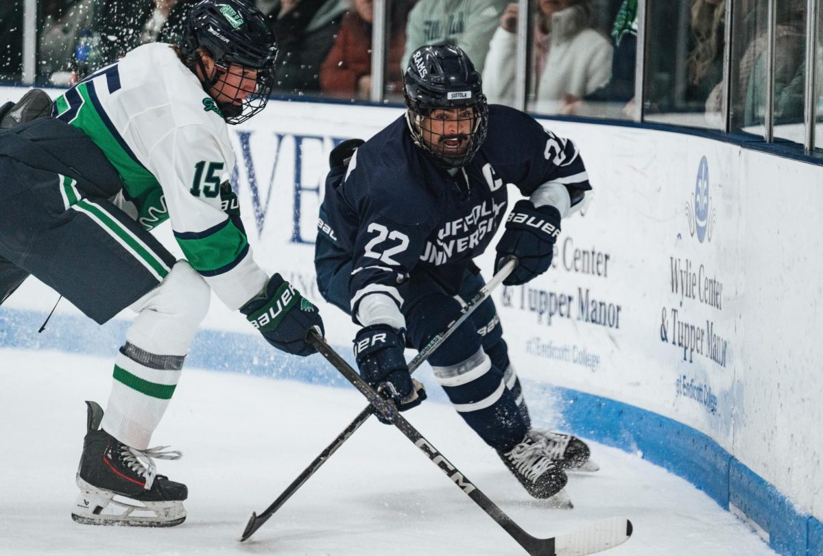 Ryan Webb battling for the puck along the boards with Endicott's Kyle Furey in the CNE semifinals Feb. 28.