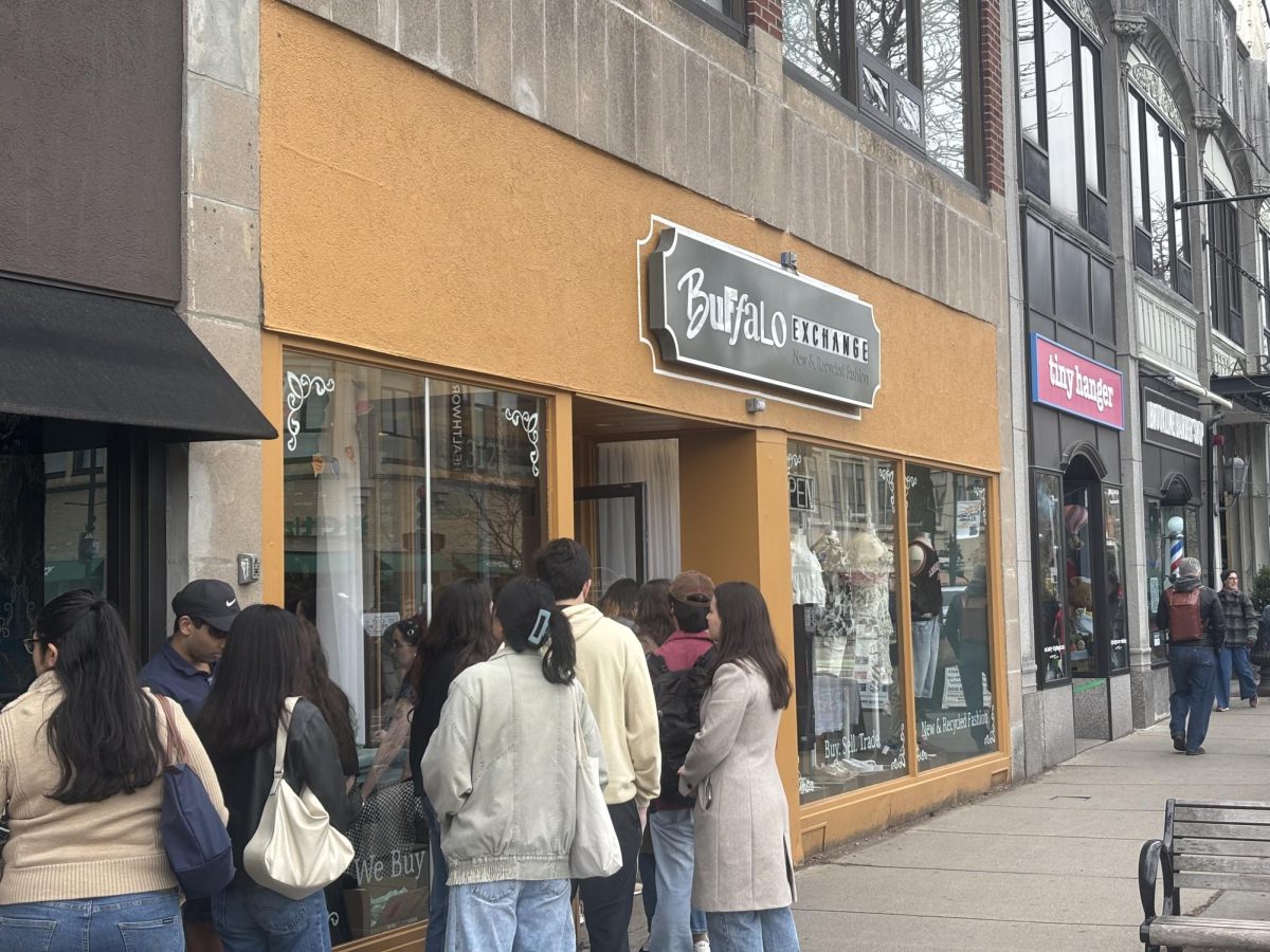 Shoppers lined up outside of Buffalo Exchange in Brookline, Massachusetts for the Earth Day sale. 